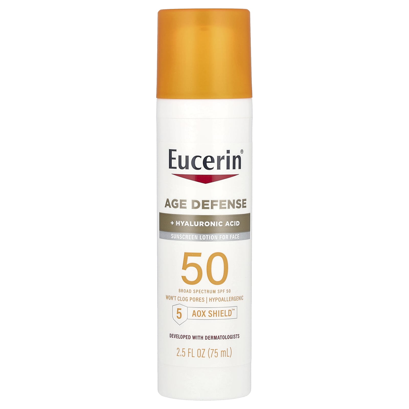 Eucerin, Age Defense, Lightweight Sunscreen Lotion For Face, SPF 50, Fragrance Free, 2.5 fl oz (75 ml)