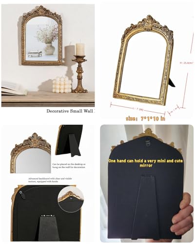 HSDHOME Gold Vintage Vanity Desk Mirror with Carved Resin Frame