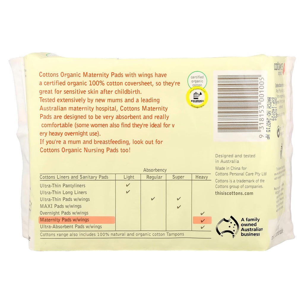 Cottons, 100% Cotton Comfortable, Maternity Pads with Wings, Heavy, Unscented, 10 Pads