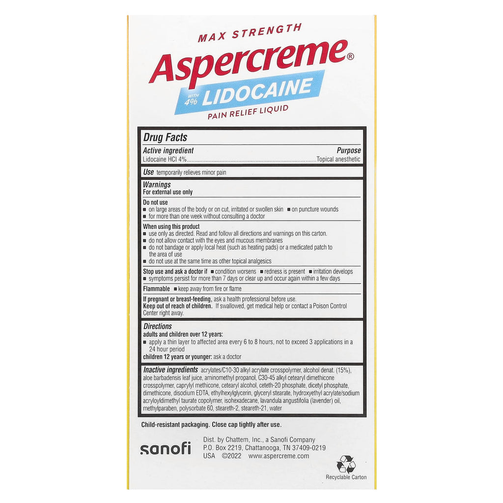 Aspercreme, Pain Relief Liquid, Max Strength, With 4% Lidocaine, With Lavender Essential Oil, 2.5 fl oz (73 ml)