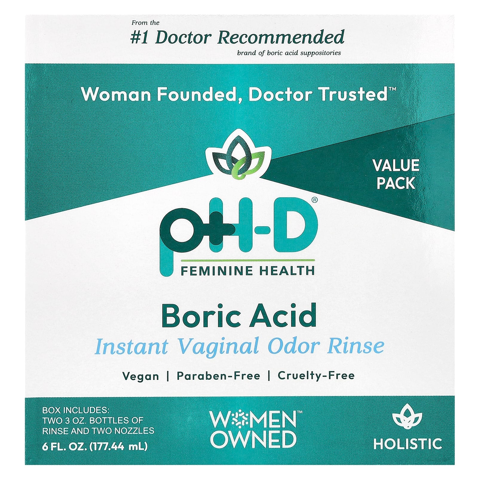pH-D Feminine Health, Boric Acid, Instant Vaginal Odor Rinse, 2 Bottles & 2 Nozzles , 6 fl oz (177.44 ml)