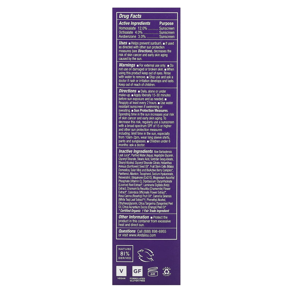 Andalou Naturals, Ultra Sheer Daily Defense Facial Lotion, Age Defying, SPF 18, 2.7 fl oz (80 ml)
