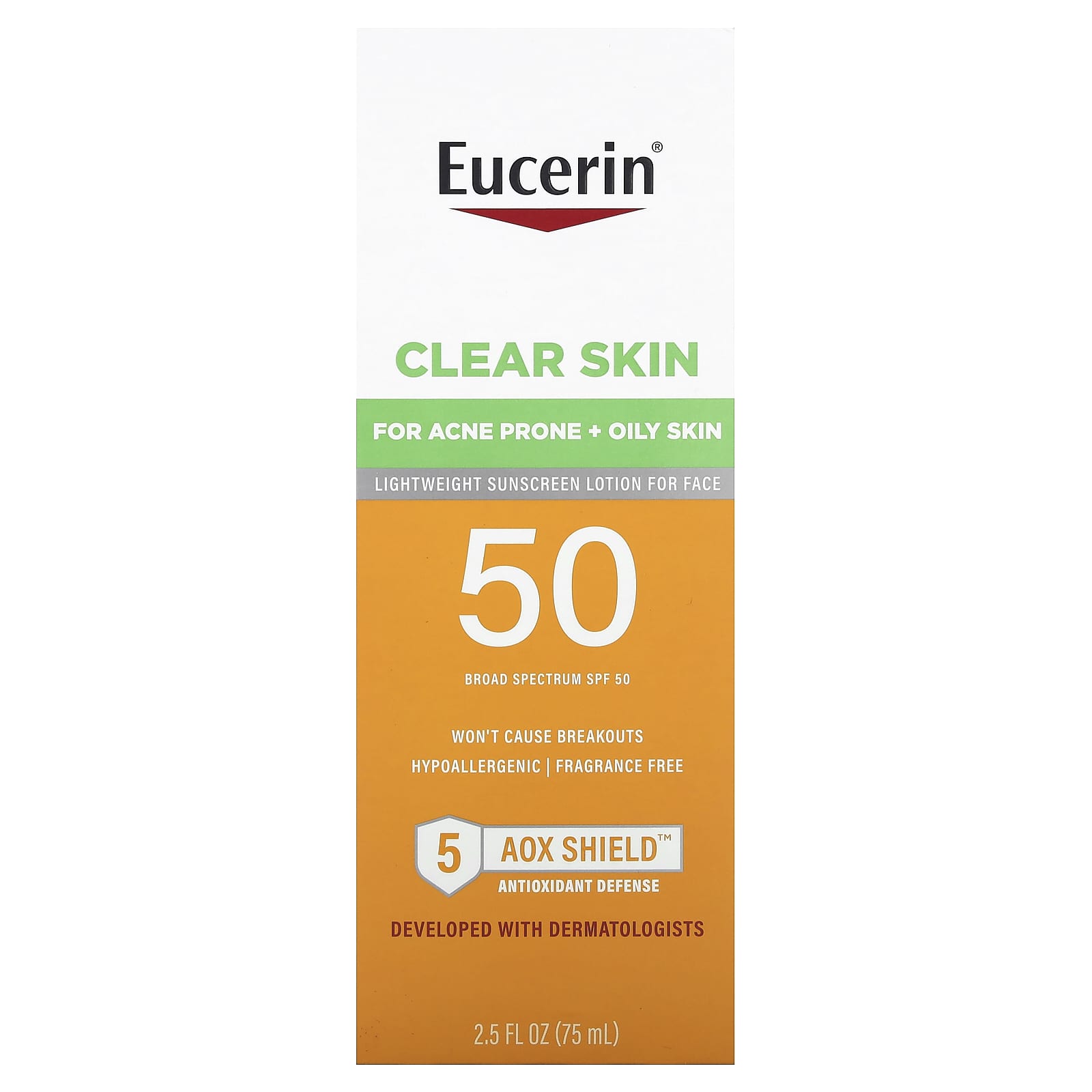 Eucerin, Clear Skin, Lightweight Sunscreen Lotion for Face, SPF 50, Fragrance Free, 2.5 fl oz (75 ml)