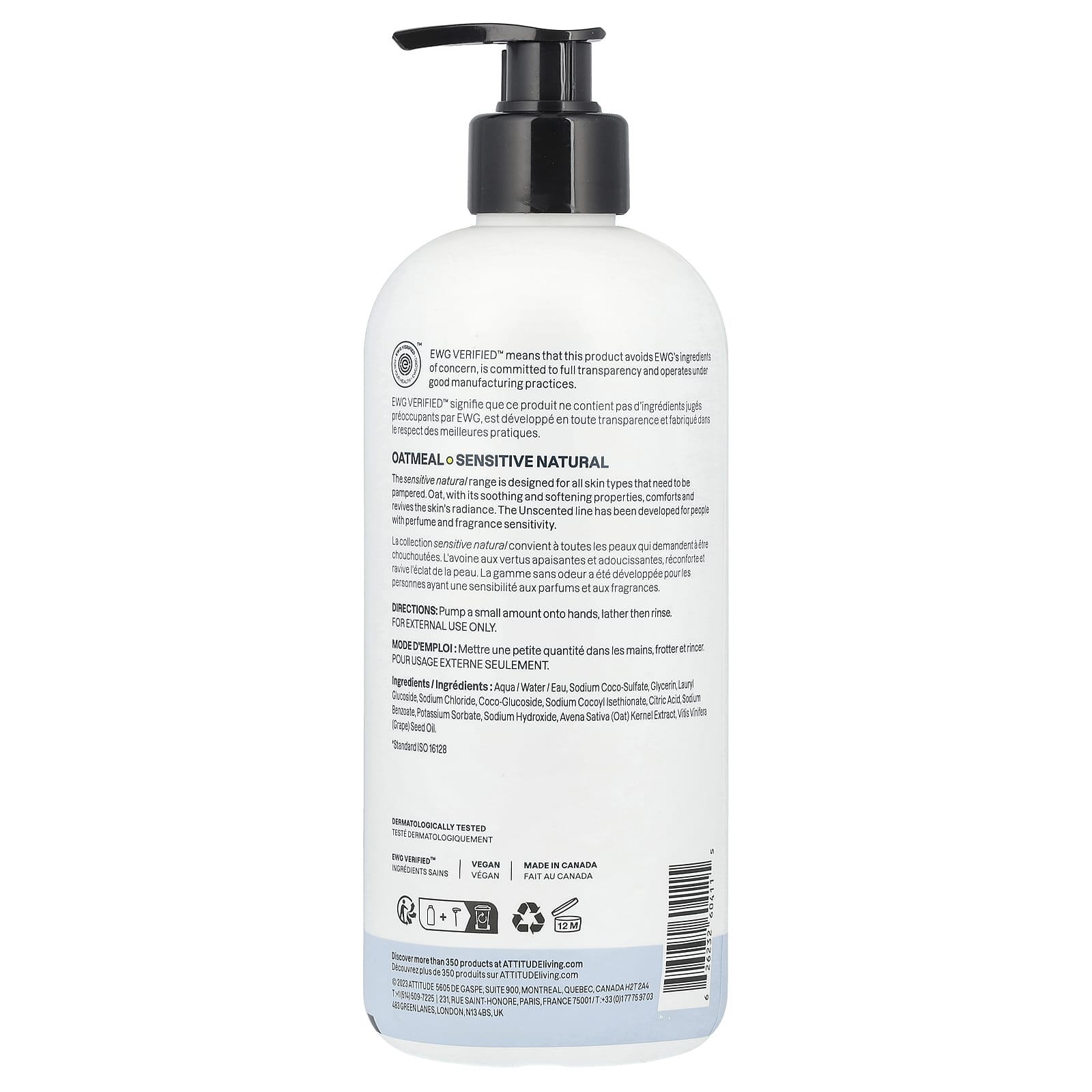 ATTITUDE, Oatmeal Sensitive Natural, Hand Soap, Unscented, 16 fl oz (473 ml)