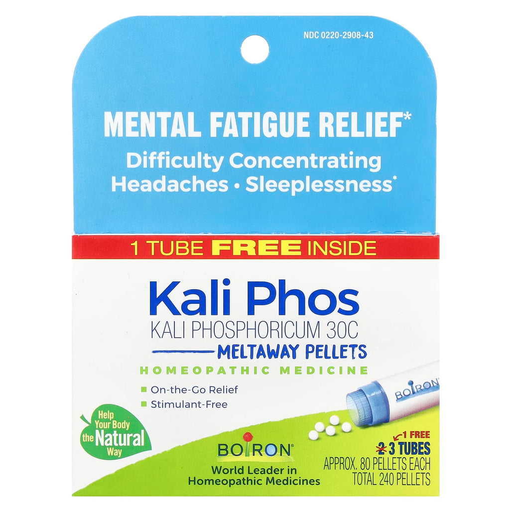 Boiron, Kali Phosphoricum, Mental Fatigue Relief, Meltaway Pellets, 30C, 3 Tubes, Approx. 80 Pellets Each