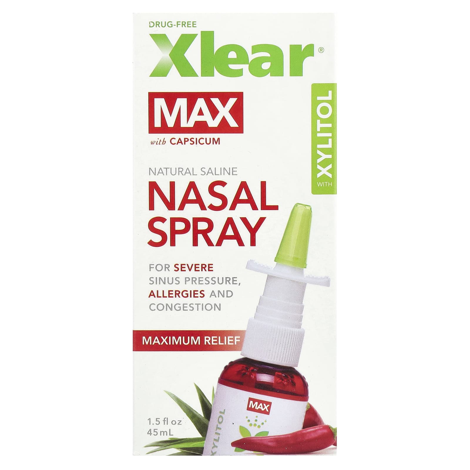 Xlear, Natural Saline, Nasal Spray with Xylitol, Maximum Relief, 1.5 fl oz (45 ml)