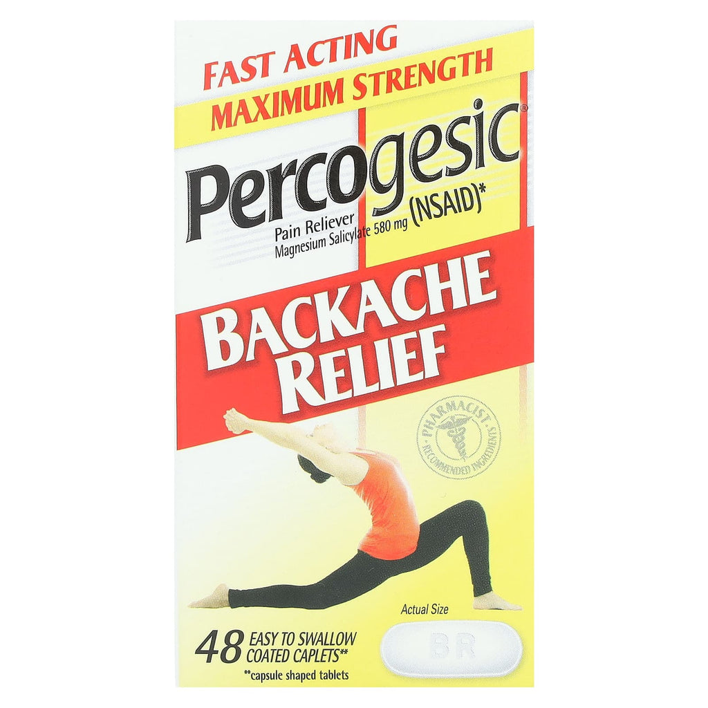 Percogesic, Backache Relief Pain Reliever, Maximum Strength, 580 mg, 48 Easy To Swallow Coated Caplets