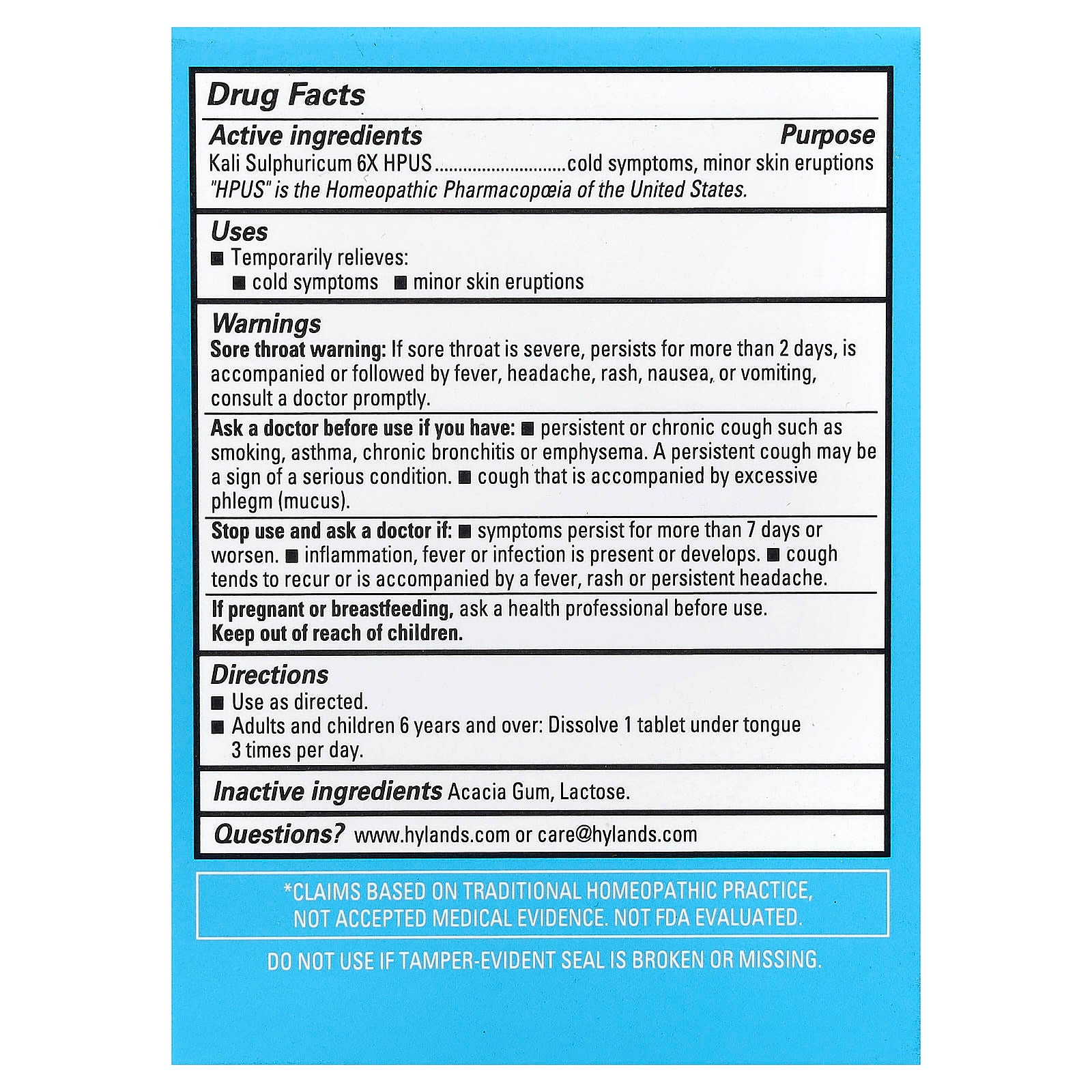Hyland's Naturals, Cell Salt #7, Kali Sulph 6X, 100 Quick-Dissolving Single Tablet