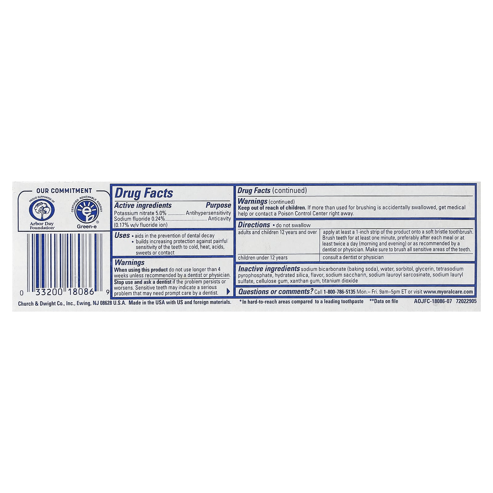 Arm & Hammer, Anticavity Fluoride Toothpaste, Sensitive, Refreshing Mint, 4.5 oz (127 g)