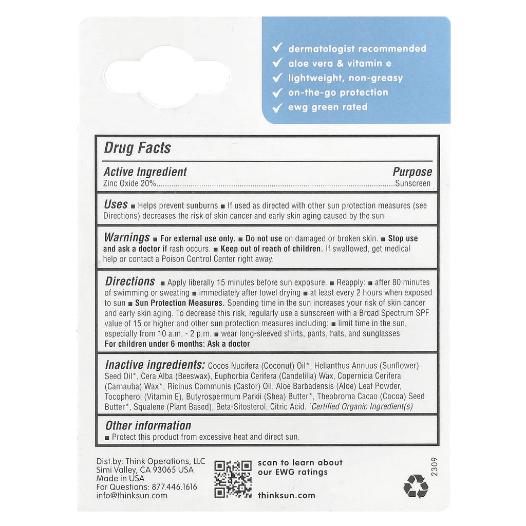 think, Sport®, Zinc Oxide 20% Sunscreen Stick, SPF 30, Fragrance Free, 0.64 oz (18.4 g)