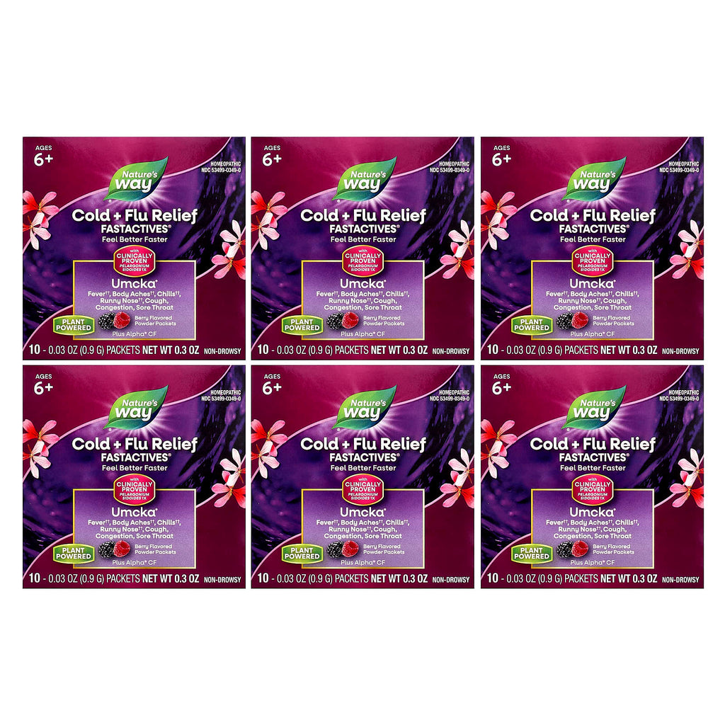 Nature's Way, Umcka®, Cold + Flu Relief, Ages 6+, Berry, 6 Boxes, 10 Packets Each