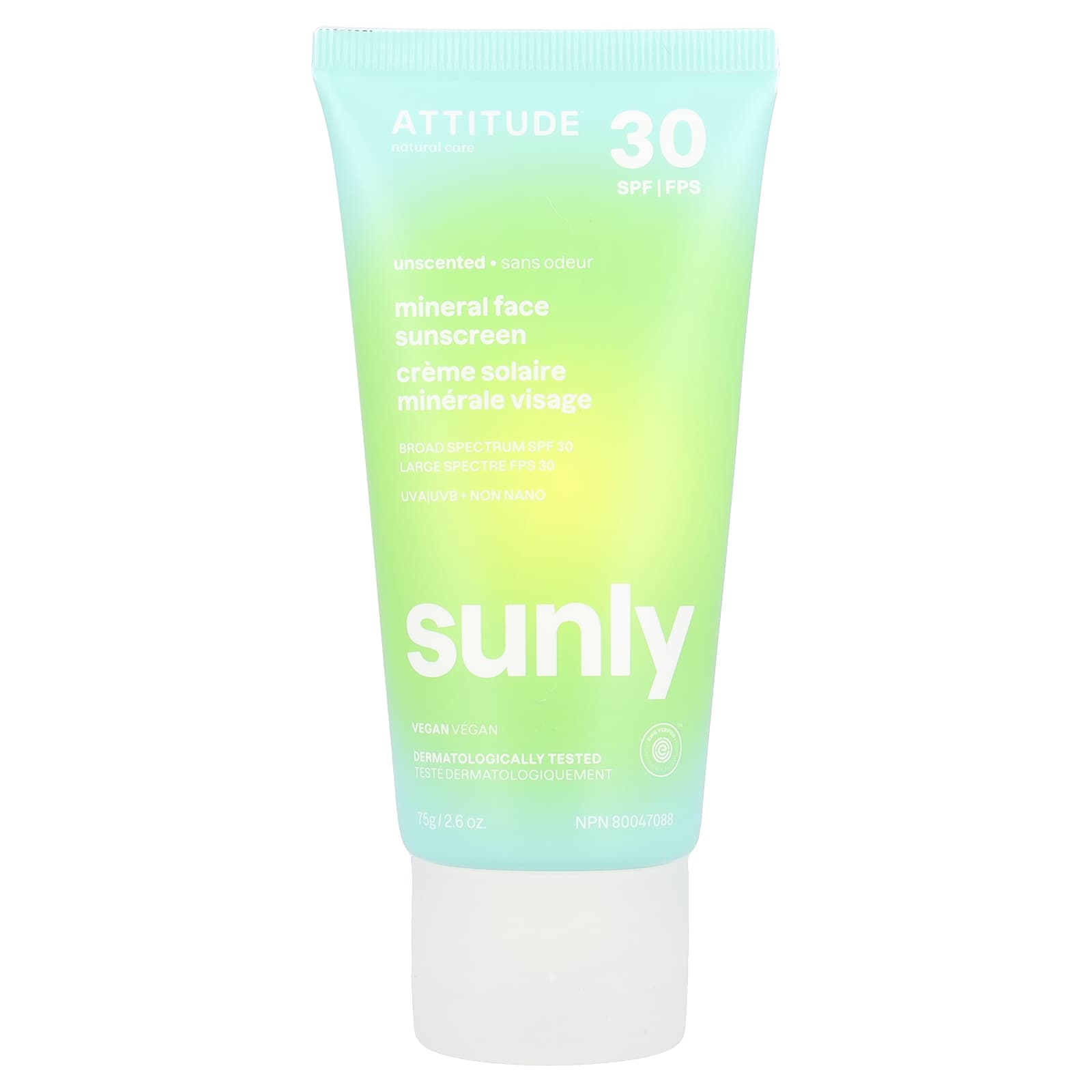 ATTITUDE, Sunly, Mineral Face Sunscreen, SPF 30, Unscented, 2.6 oz (75 g)