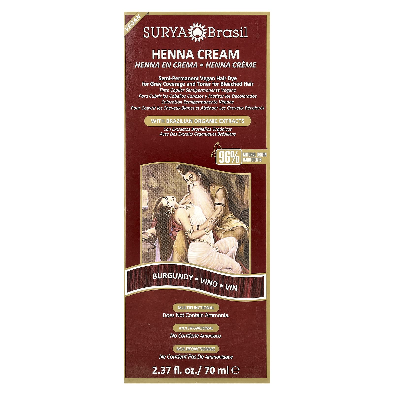 Surya Brasil, Henna Cream, Semi-Permanent Vegan Hair Dye for Gray Coverage and Toner for Bleached Hair, Burgundy, 2.37 fl oz (70 ml)