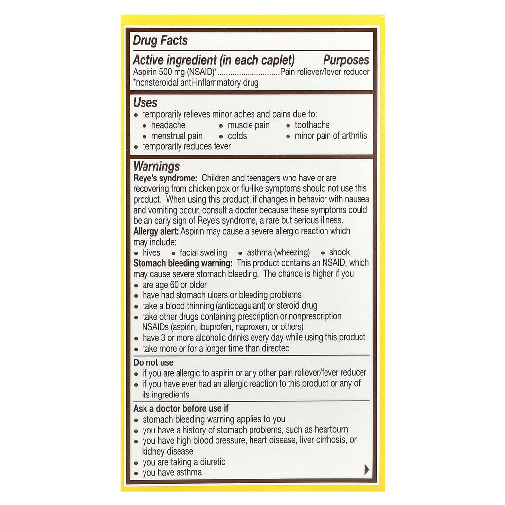 Bayer, Aspirin, 500 mg, 100 Coated Caplets