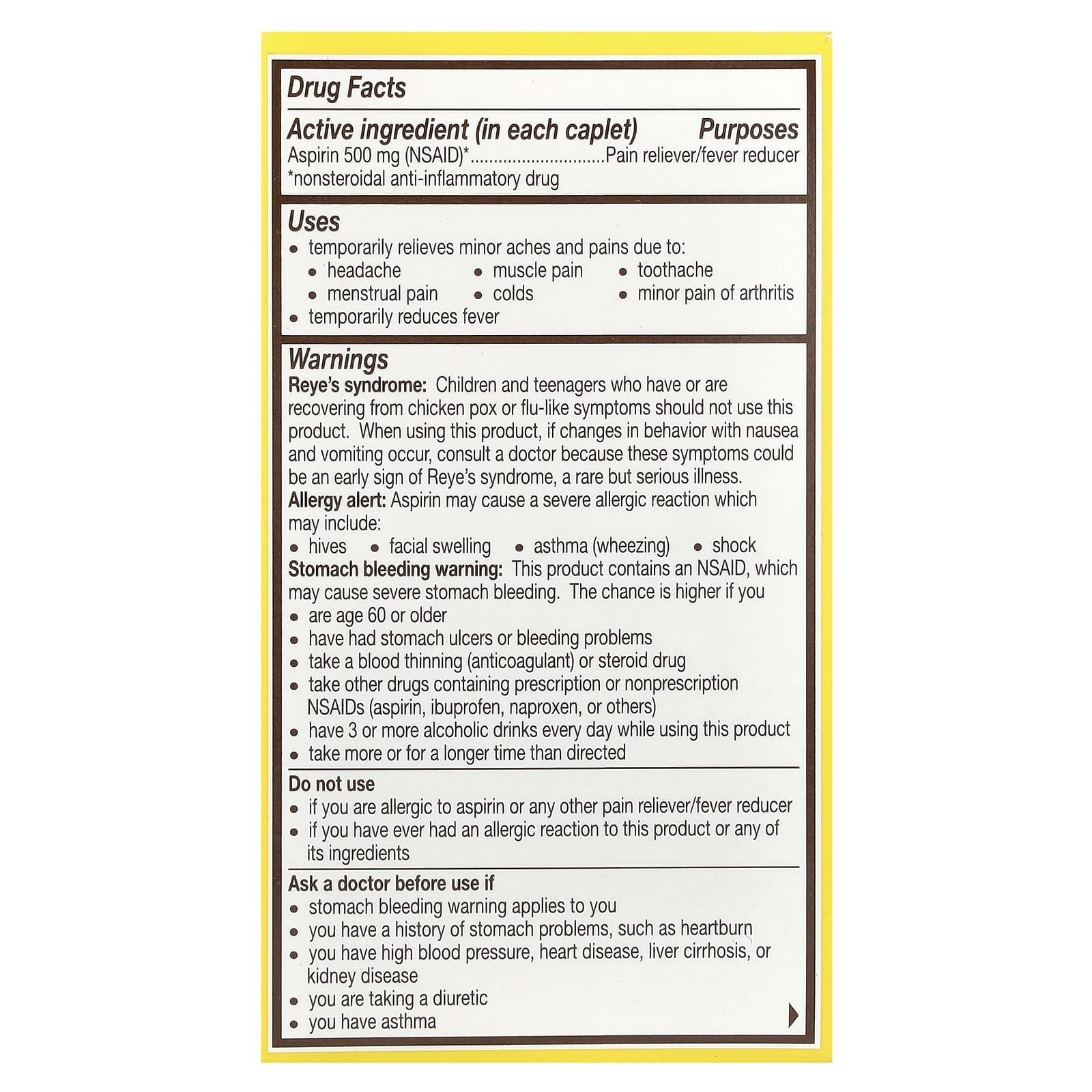 Bayer, Aspirin, 500 mg, 100 Coated Caplets
