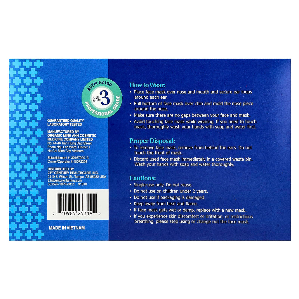 21st Century, Protective Face Mask, ASTM F2100, Single Use Disposable Masks, 50 Masks, 5-10 ct Packs