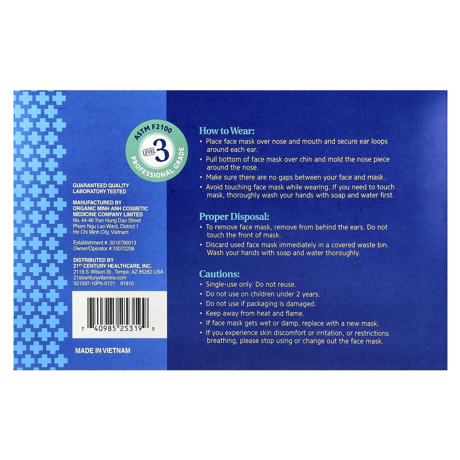 21st Century, Protective Face Mask, ASTM F2100, Single Use Disposable Masks, 50 Masks, 5-10 ct Packs