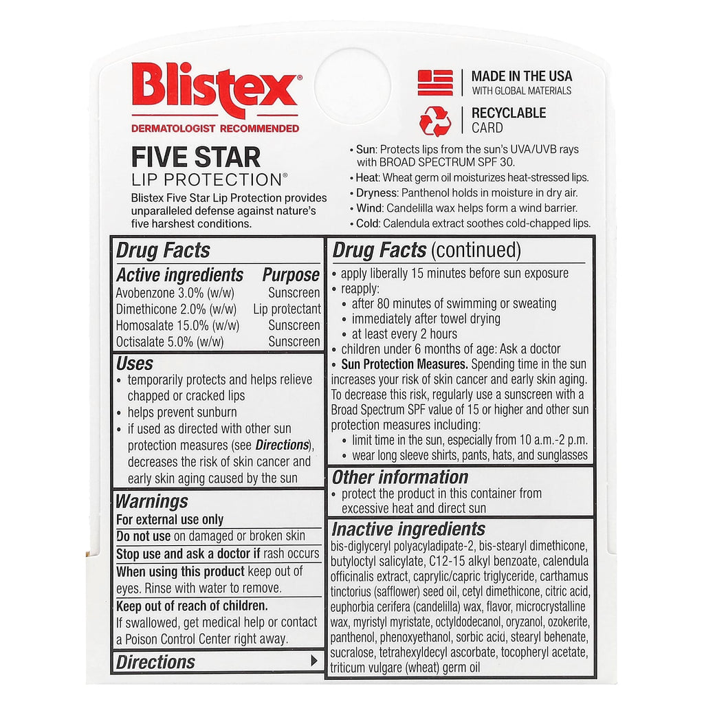 Blistex, Five Star Lip Protection®, Lip Protectant/Sunscreen, SPF 30, 0.15 oz (4.25 g)
