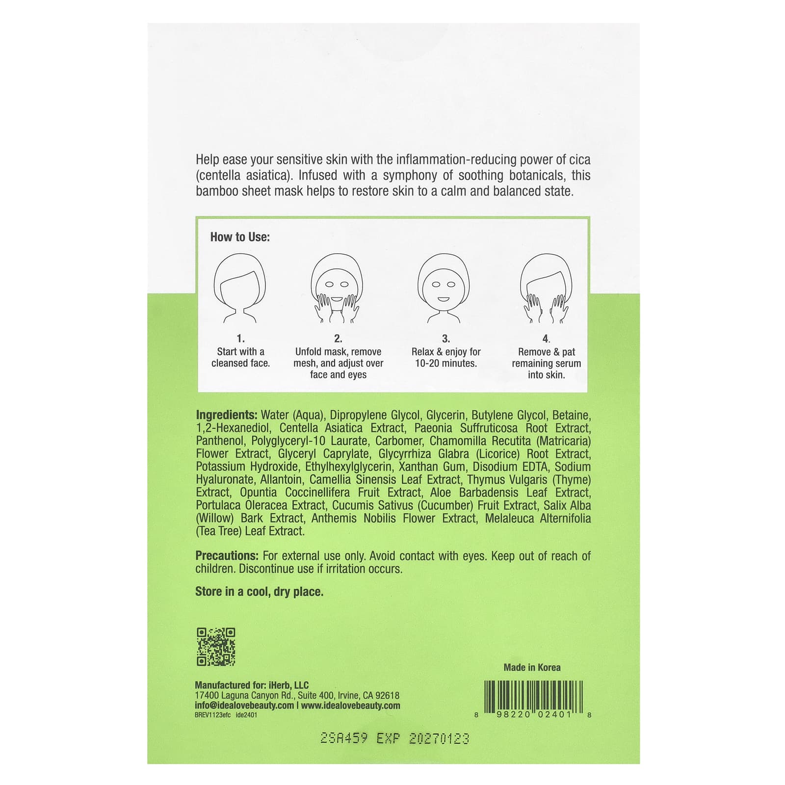 Idealove, Eureka for Cica, Calm & Clear, 5 Beauty Sheet Masks, 0.85 fl oz (25 ml) Each