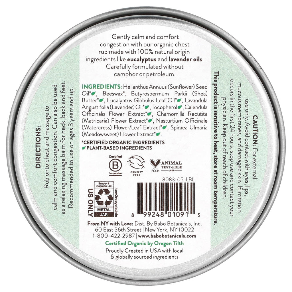 Babo Botanicals, Eucalyptus Remedy, Smoothing Chest Rub, 2 oz (56 g)