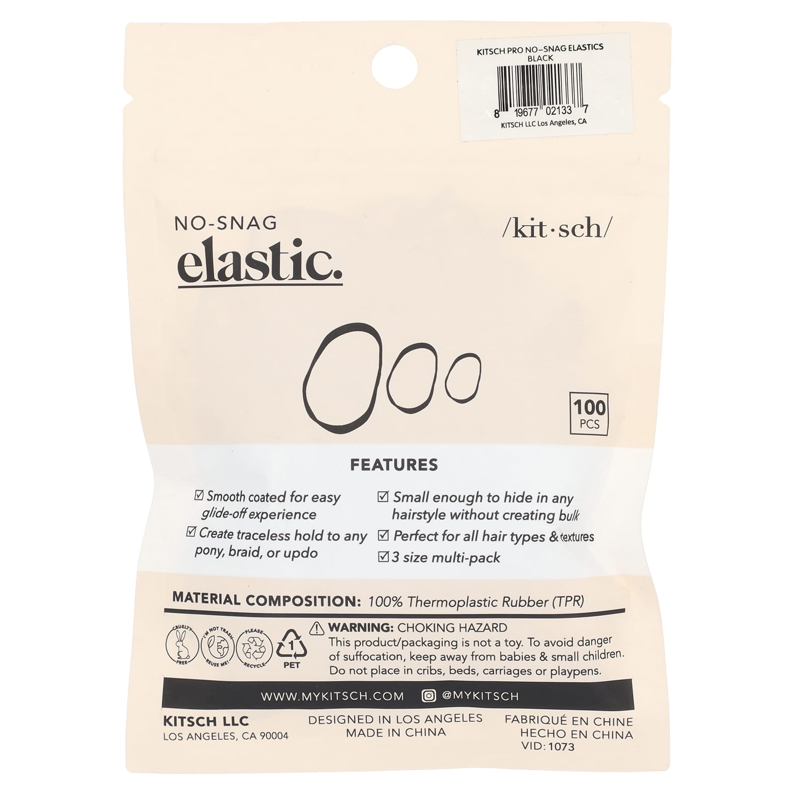 Kitsch, No-Snag Elastic, Black, 100 Pieces