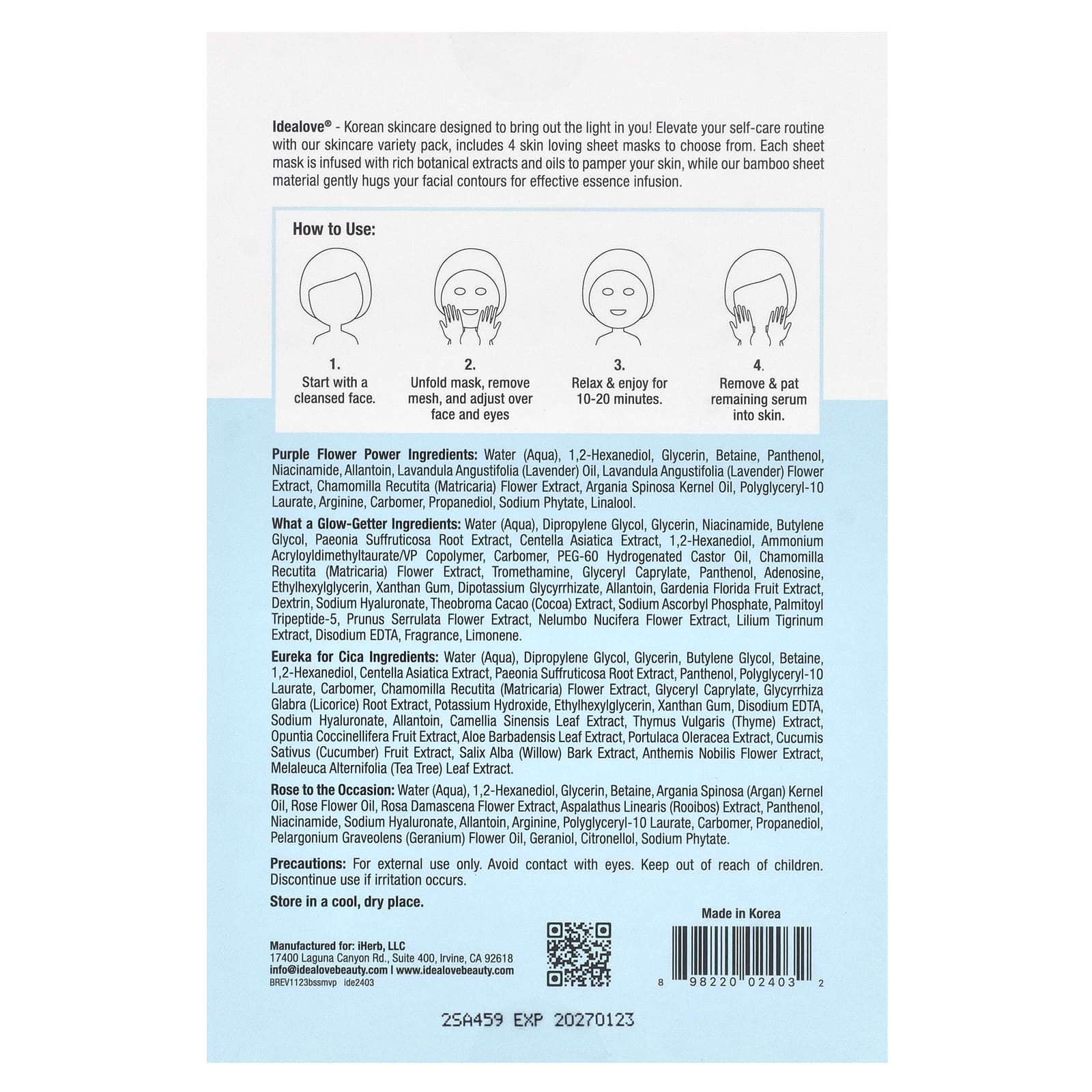 Idealove, Beauty & Skincare Variety Pack, 4 Beauty Sheet Masks, 0.85 fl oz (25 ml) Each