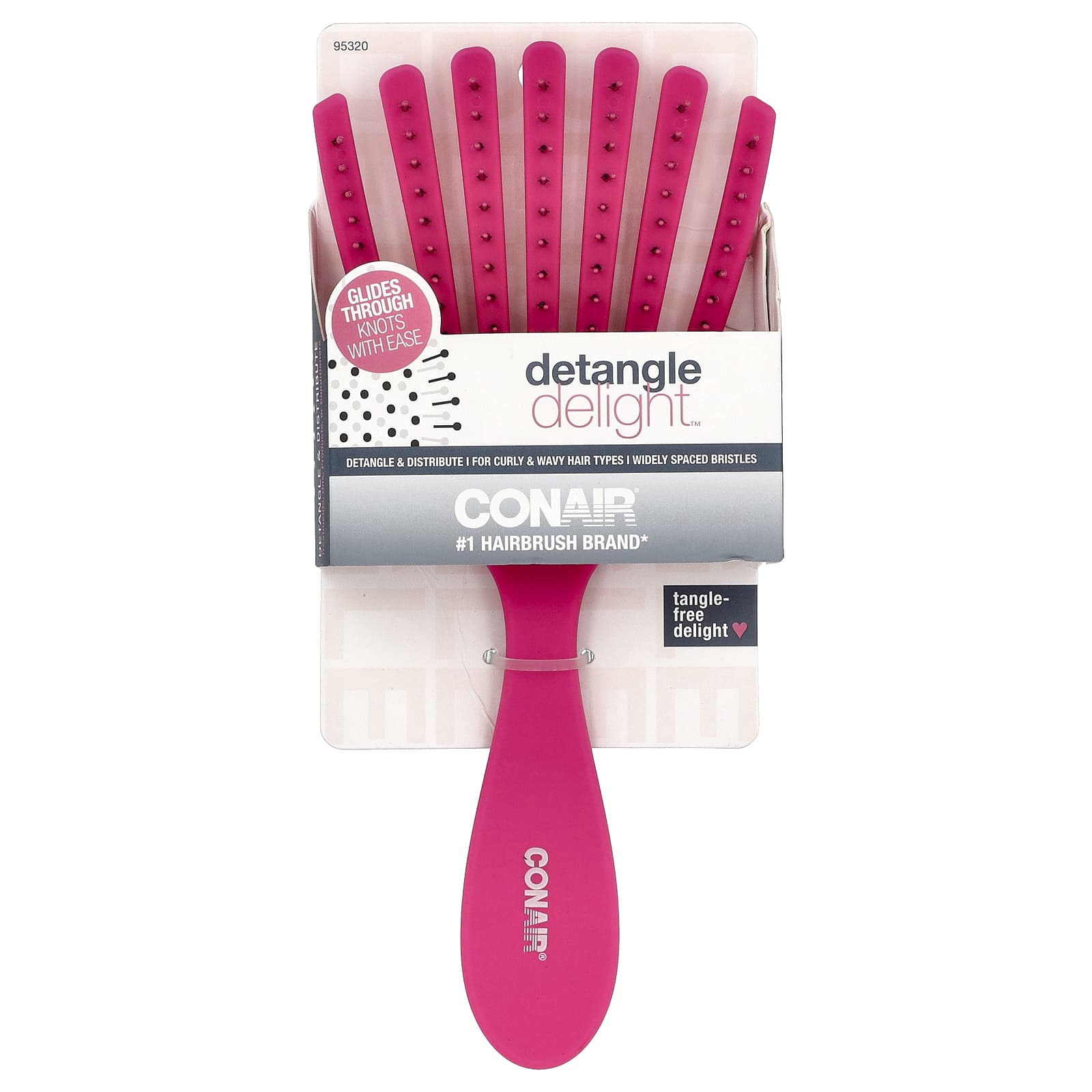 Conair, Detangle Delight™ Hair Brush, For Curly & Wavy Hair Types, Pink, 1 Brush