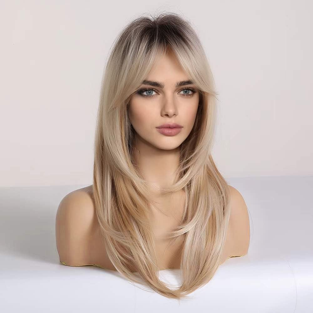 HAIRCUBE Long Curly Heat-Resistant Synthetic Wig with Bangs