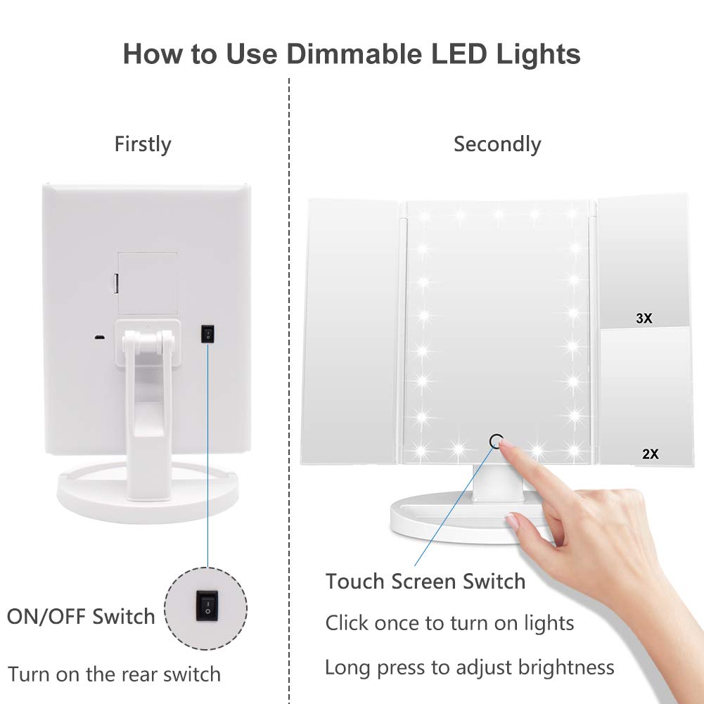 WEILY LED Tri-Fold Makeup Mirror with Magnification
