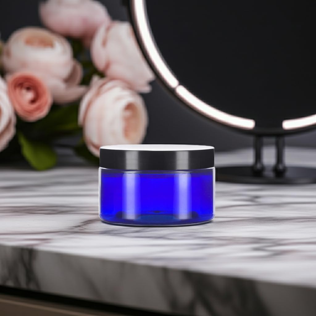 12 Pack 4 oz Cobalt Blue PET Plastic Low Profile Jars with Black Lids
