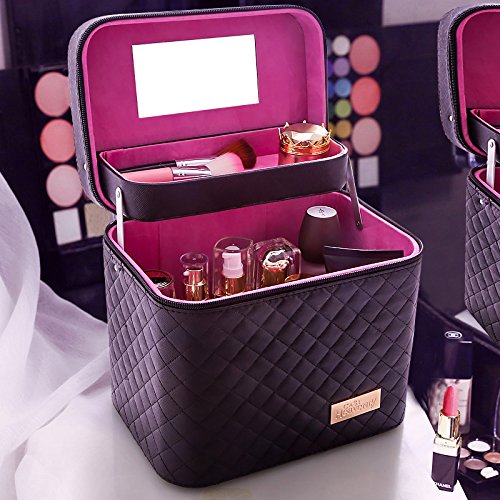 Sooyee Makeup Bag with Mirror, Fold-Out Tray and Cosmetic Organizer
