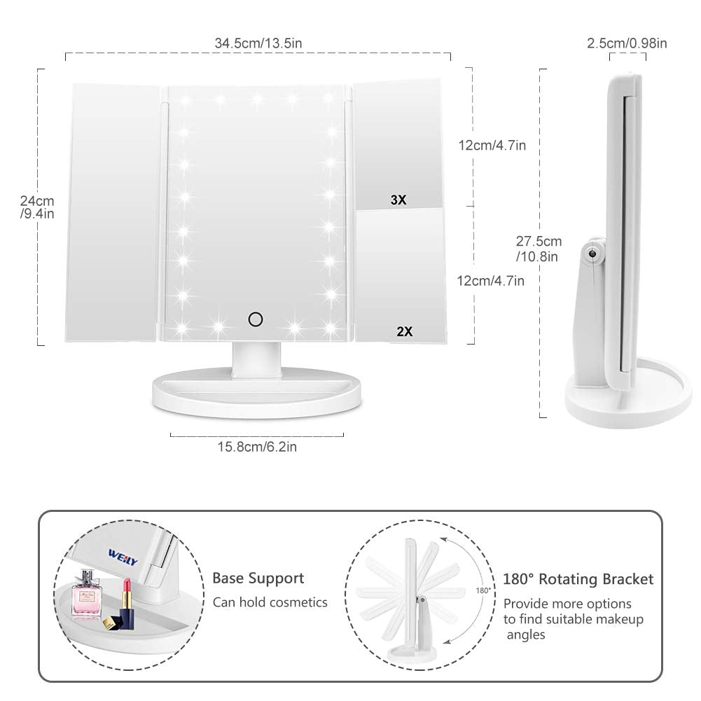 WEILY LED Tri-Fold Makeup Mirror with Magnification