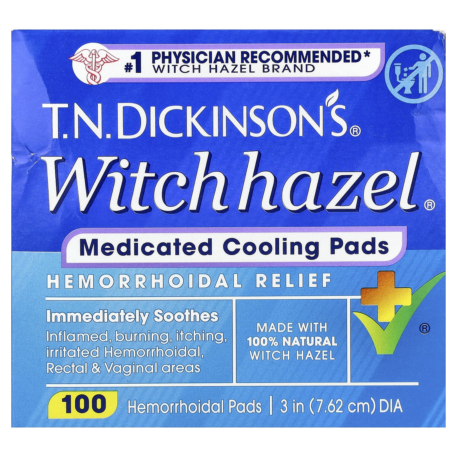 Dickinson Brands, T.N. Dickinson's® Witch Hazel® Medicated Cooling Pads, Hemorrhoidal Relief , 100 Pads