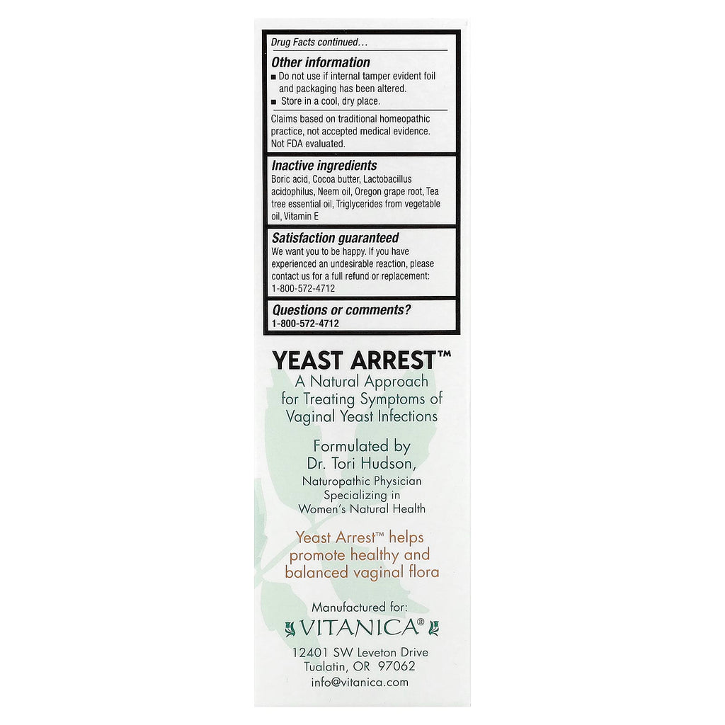 Vitanica, Yeast Arrest™, 28 Vaginal Suppositories
