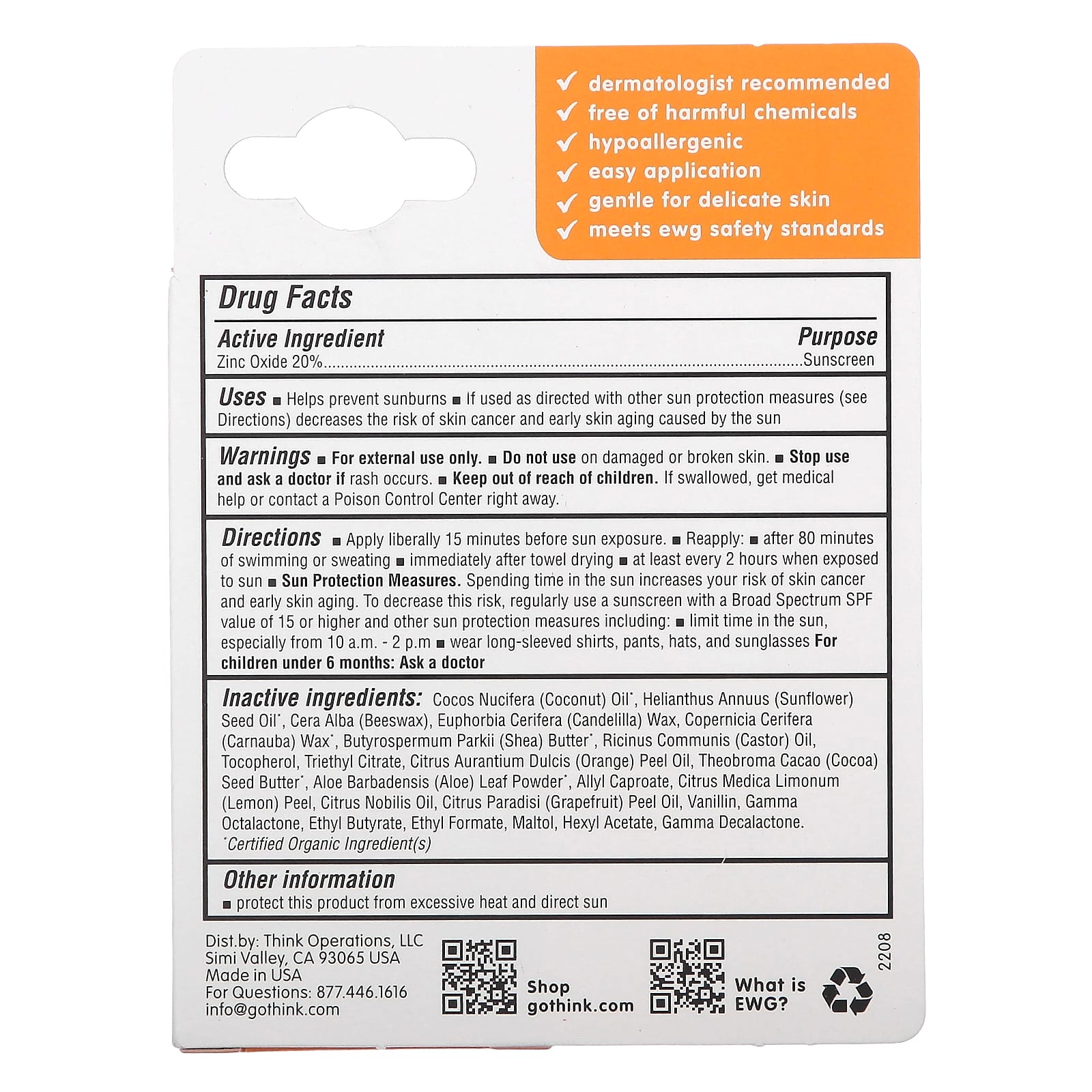 think, Thinkbaby®, Zinc Oxide Sunscreen Stick, SPF 30, 0.64 oz (18.4 g)