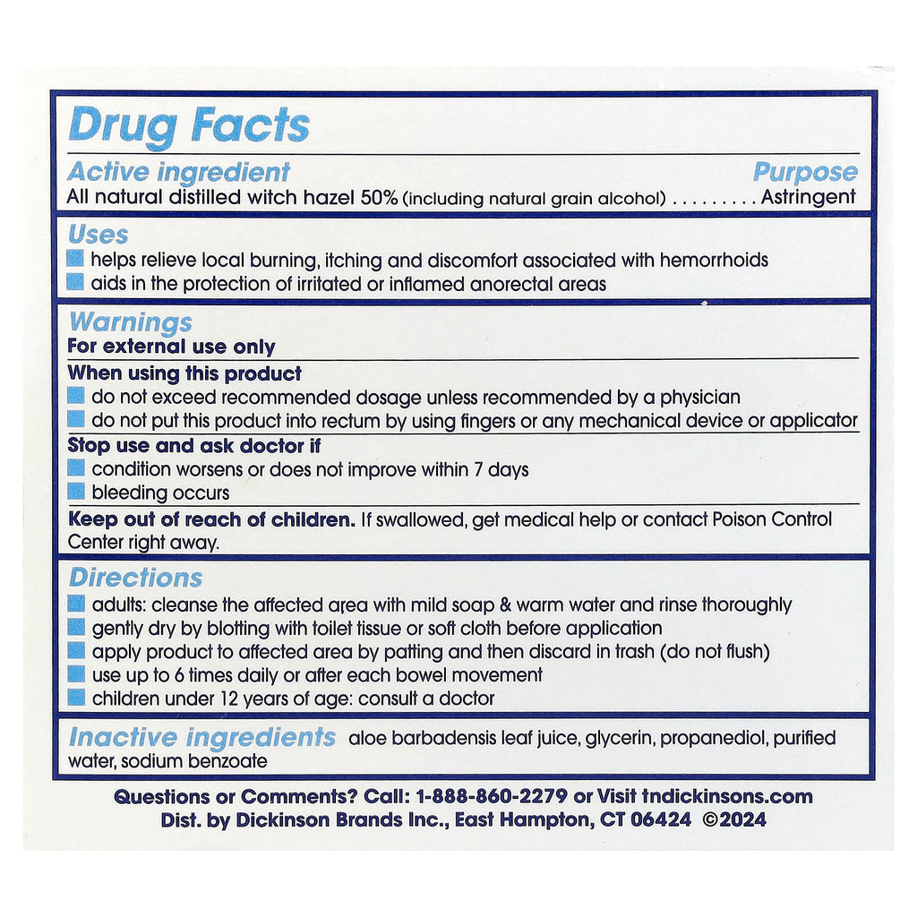 Dickinson Brands, T.N. Dickinson's® Witch Hazel® Medicated Cooling Pads, Hemorrhoidal Relief , 100 Pads