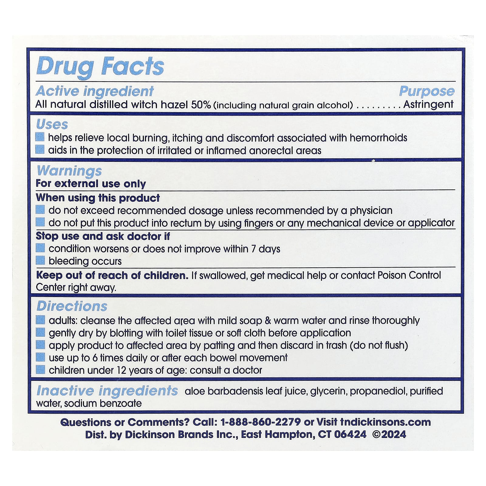 Dickinson Brands, T.N. Dickinson's® Witch Hazel® Medicated Cooling Pads, Hemorrhoidal Relief , 100 Pads