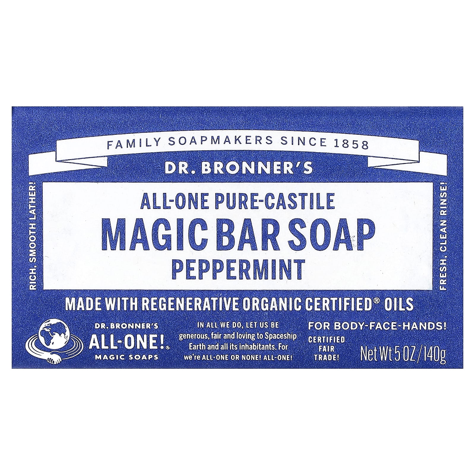 Dr. Bronner's, All-One Pure-Castile Magic Bar Soap, Peppermint, 5 oz (140 g)