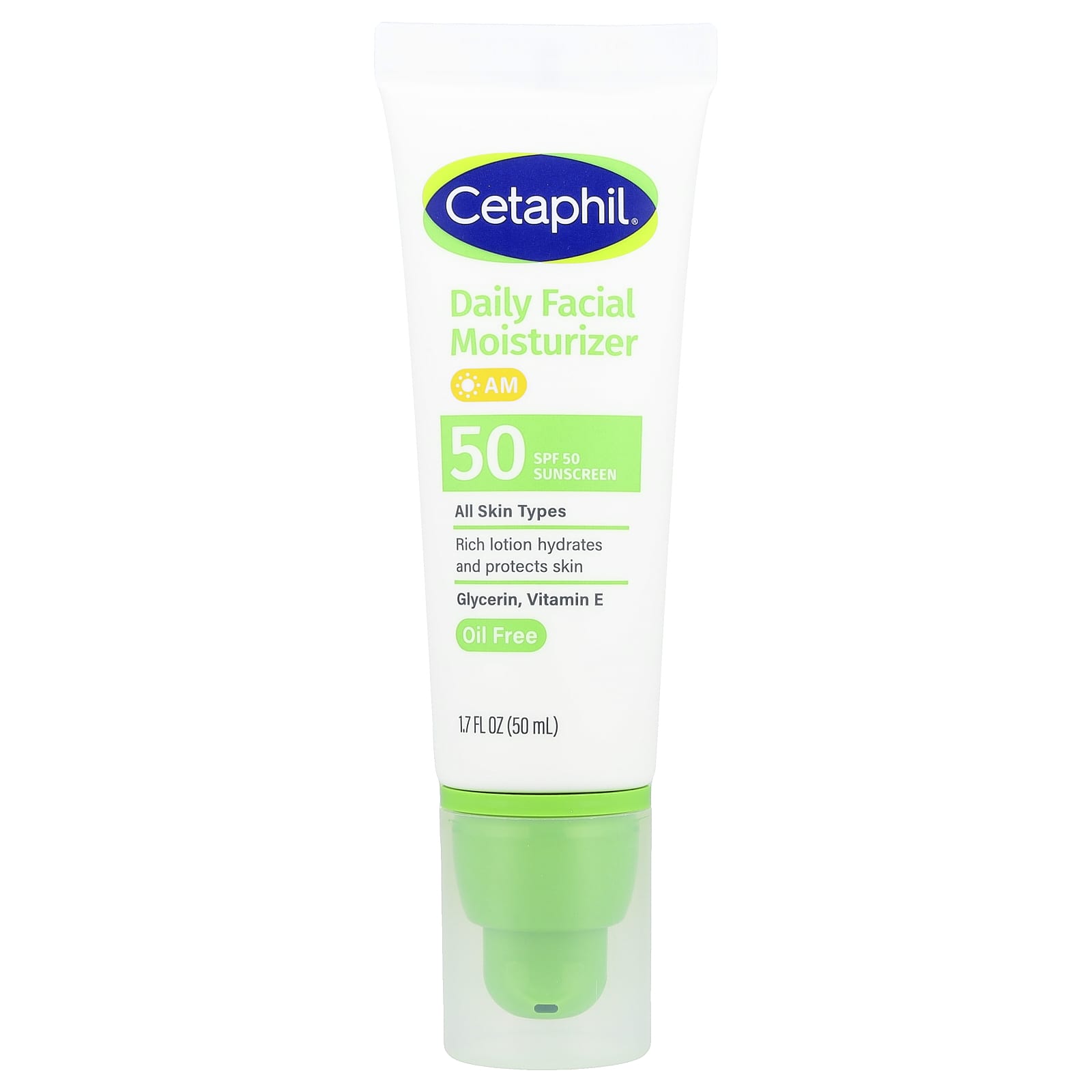 Cetaphil, Daily Facial Moisturizer, Sunscreen, SPF 50, Fragrance Free, 1.7 fl oz (50 ml)