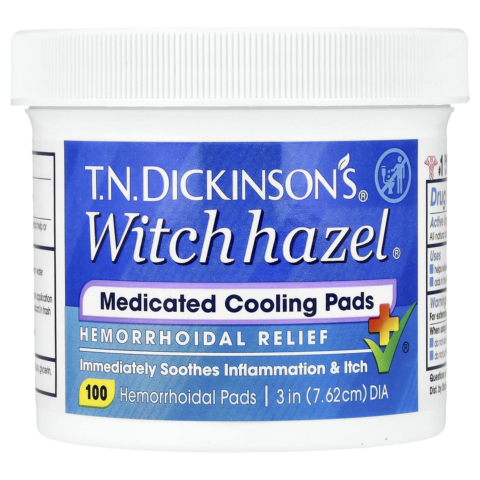 Dickinson Brands, T.N. Dickinson's® Witch Hazel® Medicated Cooling Pads, Hemorrhoidal Relief , 100 Pads