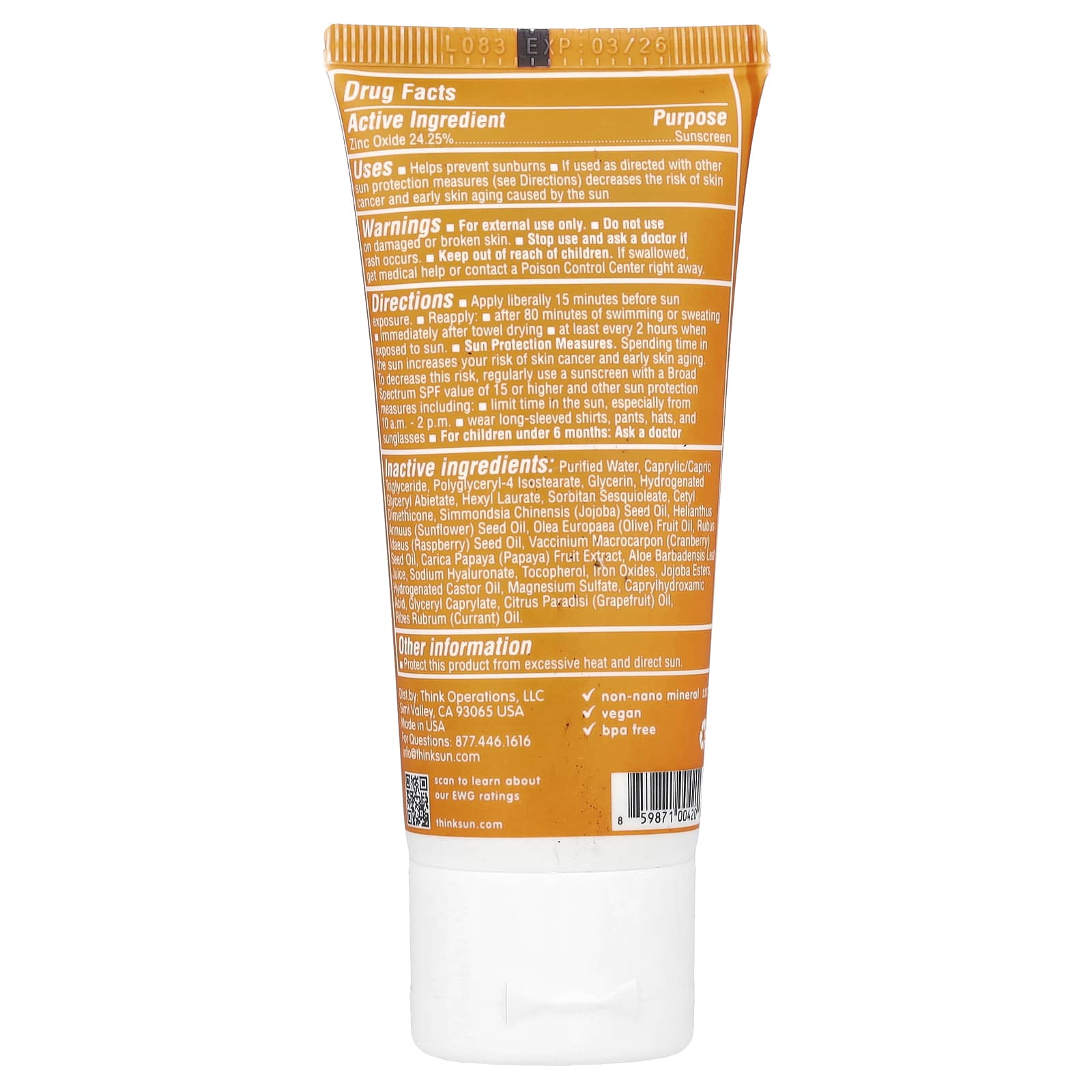 think, Thinkdaily, Tinted Face Zinc Oxide Sunscreen, SPF 30, 2 fl oz (59 ml)