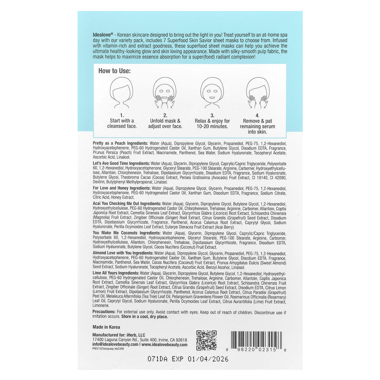 Idealove, Superfood Skin Savior Variety Pack, 7 Beauty Sheet Masks, 0.68 fl oz (20 ml) Each