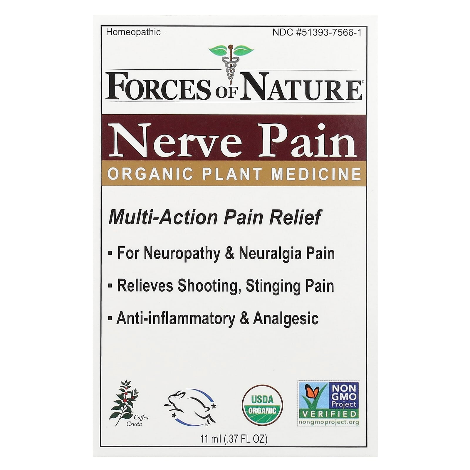 Forces of Nature, Nerve Pain, Organic Plant Medicine, 0.37 fl oz (11 ml)