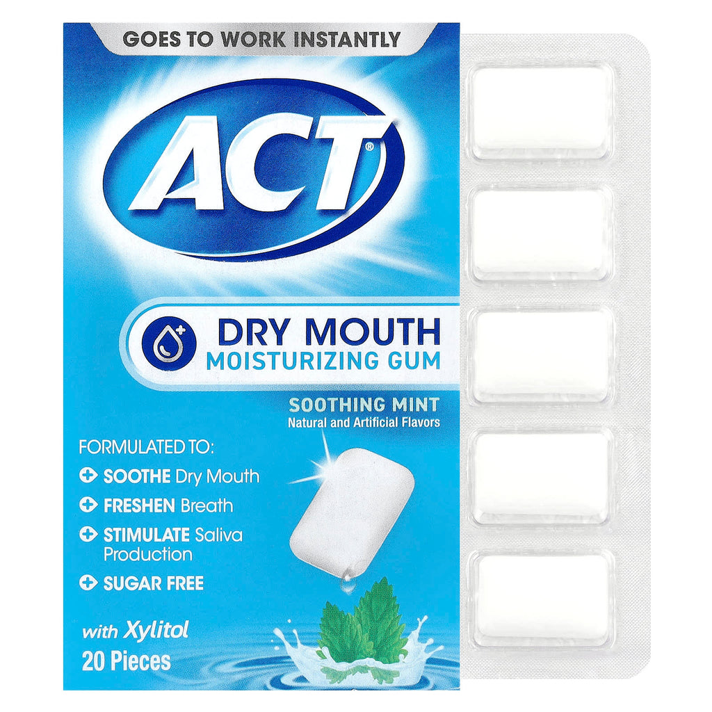 Act, Dry Mouth Moisturizing Gum with Xylitol, Soothing Mint, 20 Pieces