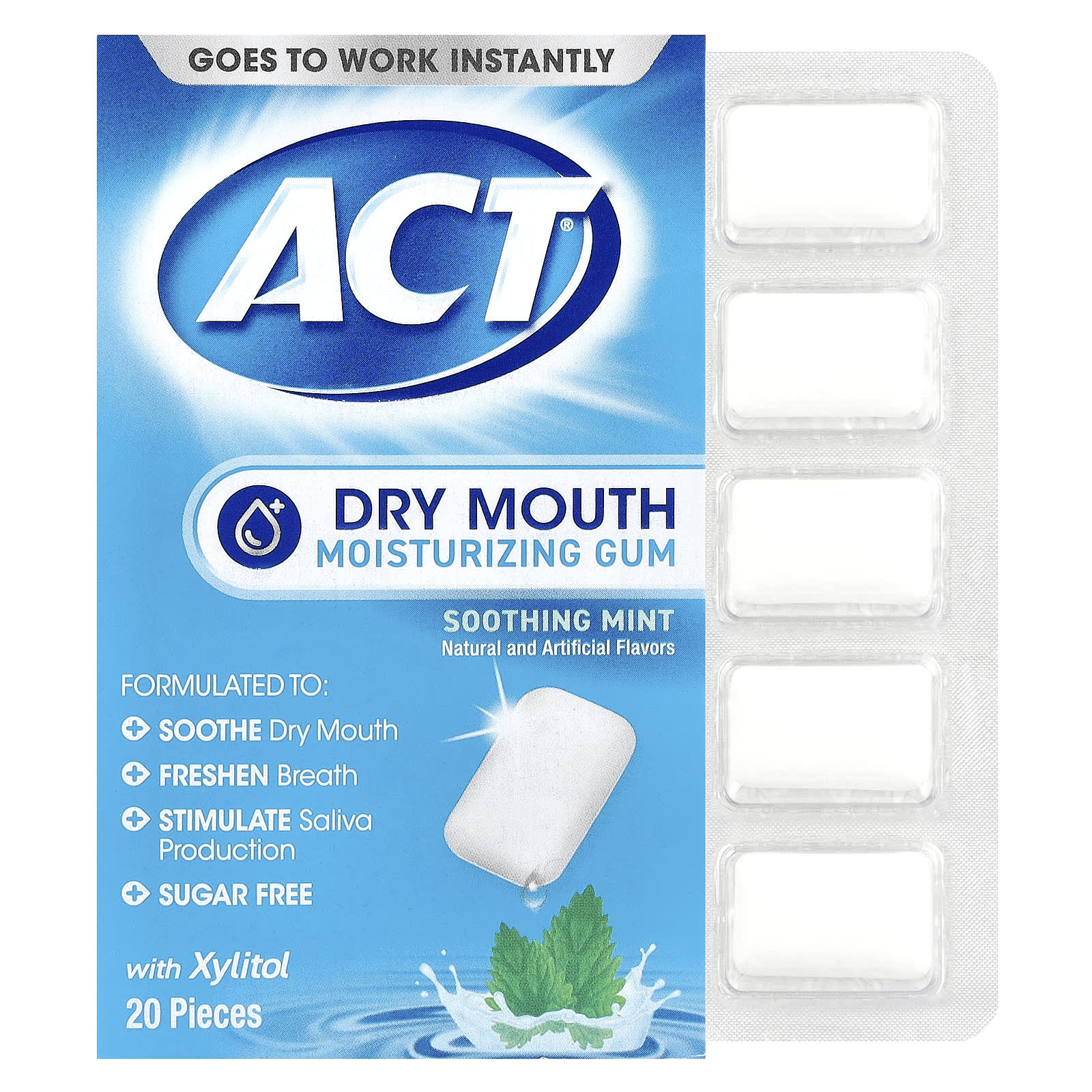 Act, Dry Mouth Moisturizing Gum with Xylitol, Soothing Mint, 20 Pieces