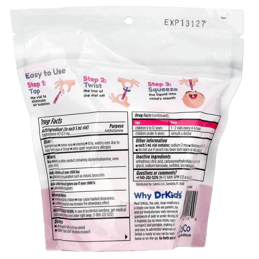 DrKids, Allergy Relief, Ages 6-12 Yrs, Mixed Berry, 24 Single-Use Vials, 0.17 fl oz (5 ml) Each