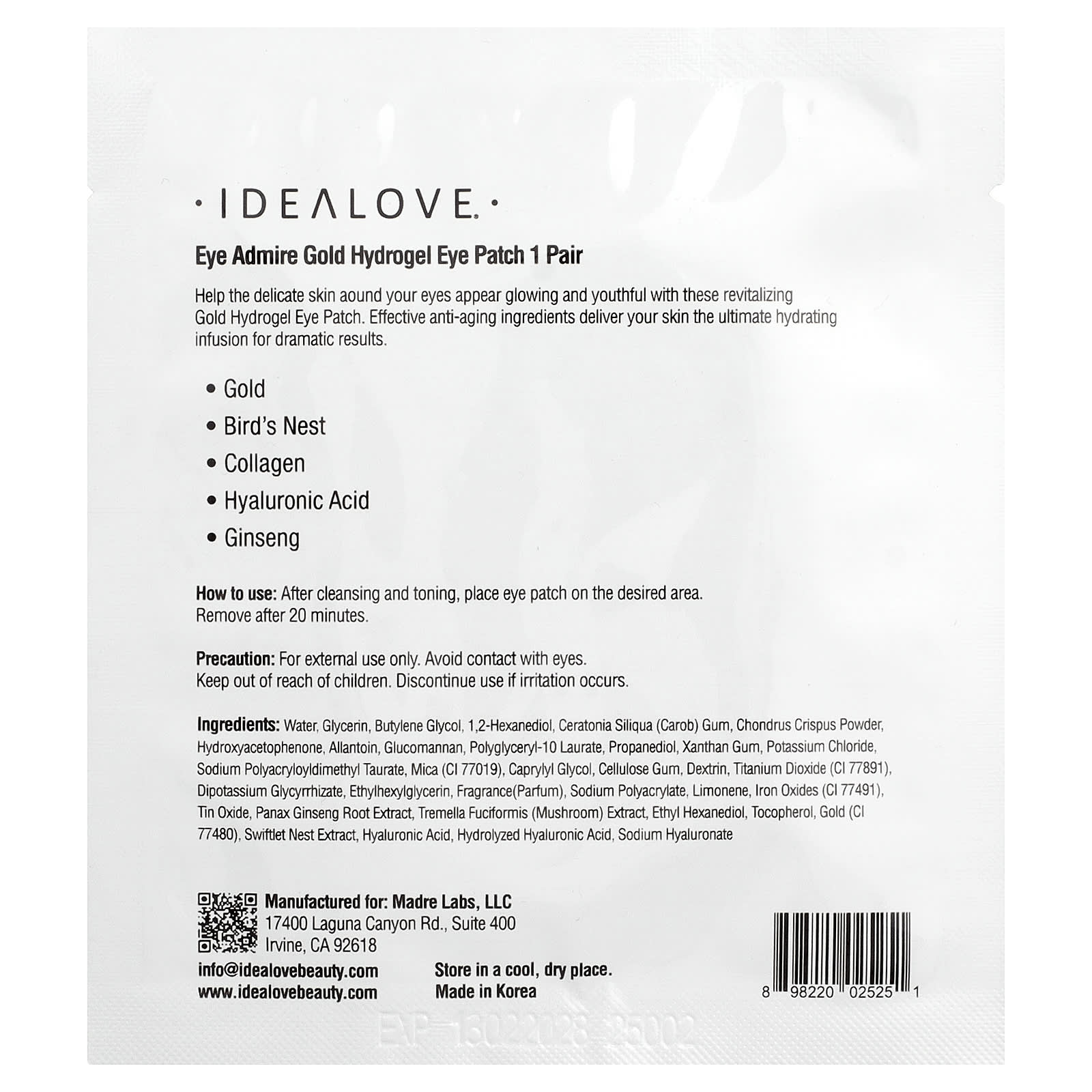 Idealove, Eye Admire Gold Hydrogel Eye Patches, 1 Pair