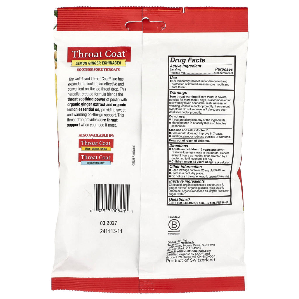 Traditional Medicinals, Organic Throat Coat® Drops, Lemon Ginger Echinacea, 30 Pectin Throat Drops