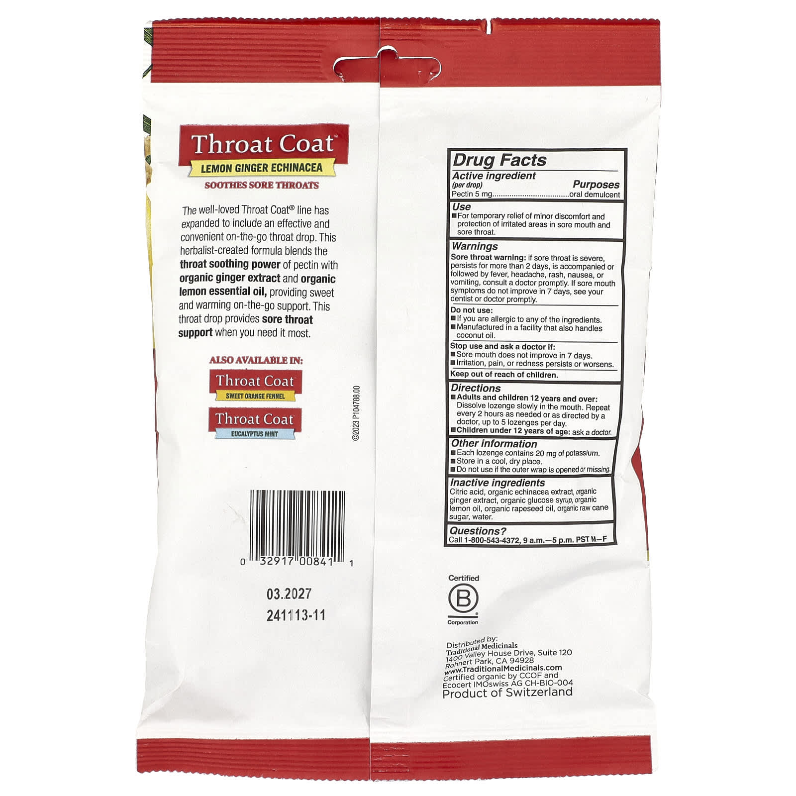 Traditional Medicinals, Organic Throat Coat® Drops, Lemon Ginger Echinacea, 30 Pectin Throat Drops