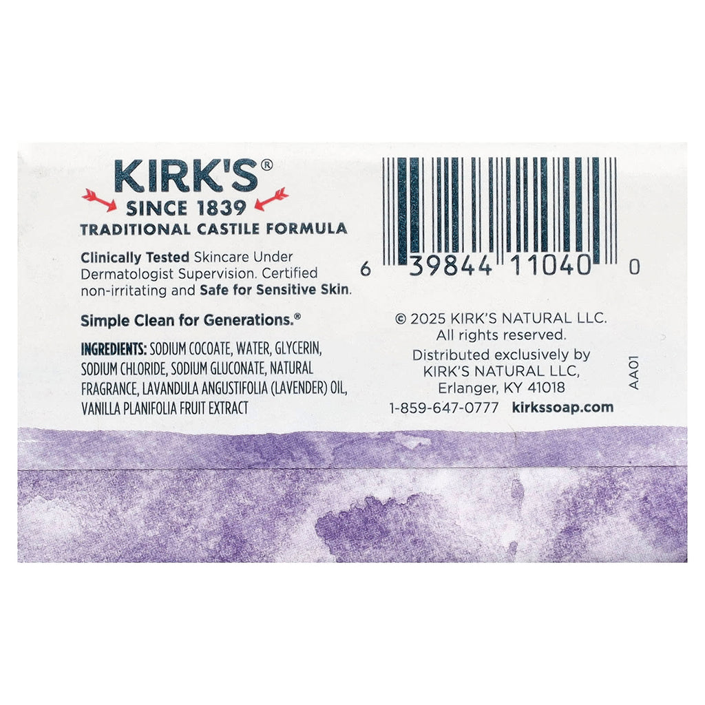 Kirk's, 100% Premium Coconut Oil Castile Bar Soap, Lavender & Vanilla, 1.13 oz (32 g)